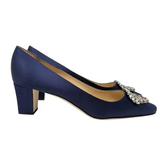Manolo Blahnik Okkato Jeweled Buckle Crepe de Chine Low Heel Pump Navy 39.5 | 9 - Picture 4 of 12